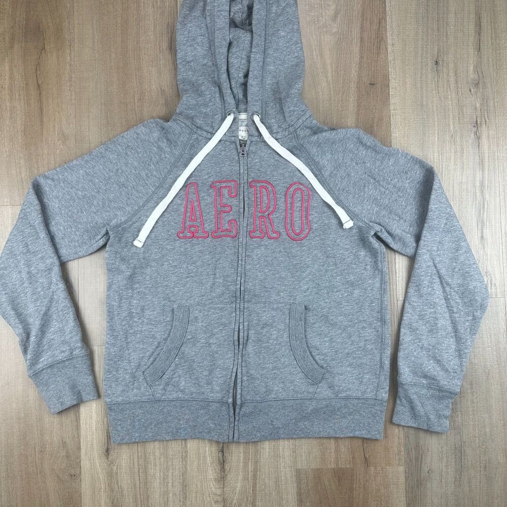 Aeropostale Women's Medium M Gray Zip Up Hoodie Pink Embroidered Logo